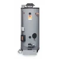 This 90-gallon commercial gas water heater delivers 715,000 BTU input with a recovery rate of 533 gph at 130°F (max 756 gph at 40°F). It features direct spark to pilot ignition, standard venting, a 10-inch vent connection, side water connections, and includes a temperature and pressure relief valve. Operates on 120V AC and natural gas. Suitable for high-demand commercial facilities such as restaurants, hotels, and laundries