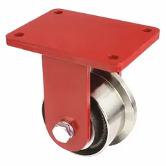 This rigid plate caster features a single-flange track wheel with a steel roller, 5 in diameter and 2 3/4 in width, and an 8 in mounting height. Designed for applications requiring precise tracking on rails or tracks, such as material handling and conveyor systems.