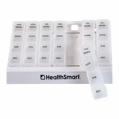 This pill organizer features 28 compartments for sorting medications by day and time. Overall dimensions are 1 1/4 inches in height, 6 3/4 inches in length, and 9 3/4 inches in width. Suitable for organizing daily or weekly doses in home, assisted living, or clinical settings.