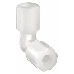 This 45-degree flared fitting elbow is made from PFA and meets FDA Approved standards. It connects tubing in fluid handling systems where chemical resistance and purity are required. The fitting has a 1/2 in OD x 1/2 in OD size and is suitable for applications such as pharmaceutical, food processing, and semiconductor industries.