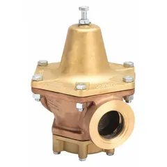 This bronze pressure regulator reduces and stabilizes inlet pressure to a set downstream range. It features 3/4 in NPTF x NPTF connections and an adjustable outlet pressure range of 50 psig to 110 psig. Suitable for water, air, and light industrial systems requiring precise pressure control at temperatures up to 180°F.