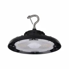 Round LED bay light suitable for mounting heights of 25 to 50 feet. Operates on 120 to 347V AC and consumes 150 W. Selectable color temperature: 3500K, 4000K, or 5000K. Replaces 400W metal halide fixtures. Typical applications include warehouses, factories, and large retail spaces.