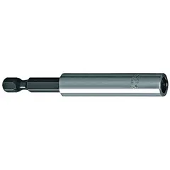 This extended-reach bit holder is designed for power tool use, featuring a 1/4-inch hex compatible bit shank and a magnetic tip for secure bit retention. It is suitable for driving fasteners in assembly, maintenance, and general industrial applications where extended reach is required. Not impact rated.
