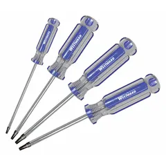 This 4-piece screwdriver set features square tips in sizes #0, #1, #2, and #3. The tips are magnetized to hold screws securely during use. Suitable for general-purpose fastening tasks in assembly, maintenance, and repair work.