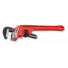 Straight end pipe wrench with serrated jaws for gripping and turning pipes, fittings, and round objects. Jaw capacity of 1 7/8 in and overall length of 25 cm. Aluminum construction reduces weight for extended use.
