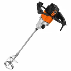 This corded mortar mixer features a steel frame and a drum constructed from plastic and steel. It operates on 120 V power with variable speed settings, suitable for mixing cement, grout, mortar, epoxy, and floor leveling compounds. Typical applications include construction, renovation, and flooring projects requiring consistent batch mixing.