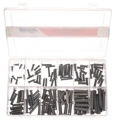 This 120-piece clevis pin assortment includes 12 inch sizes of stainless steel 18-8 plain pins. Used in mechanical linkages, pivot points, and quick-release connections in industrial machinery, material handling, and agricultural equipment.