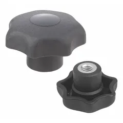 7-arm knob with threaded hole, 25 mm diameter, plastic body with stainless steel #10-32 thread, 10 mm thread length. Used for manual clamping, positioning, and adjustment on industrial machinery, jigs, and fixtures.