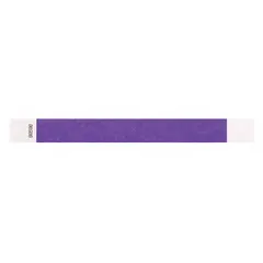 Blank Tyvek wristband for one-time use in access control, event security, and patient identification. Measures 10 inches overall length by 1 inch overall width. Supplied in a 500-pack of purple wristbands. Tamper-resistant material suitable for concerts, hospitals, and industrial facilities.