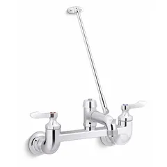 This centerset utility faucet is constructed of brass with a polished chrome finish. It features a single bend spout and delivers a flow rate of 13.5 gpm. Suitable for utility sinks in commercial or residential settings requiring high-volume water delivery.