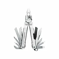 Full-size stainless steel multi-tool with fold-open pliers. Includes 19 tools and functions such as can opener, small screwdriver, and replaceable wire cutters. Closed length 4 1/2 inches. Suitable for maintenance, repair, and field service tasks.