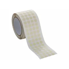 Anodizing masking tape disc with rubber adhesive, tan color, 1/2 in diameter, and 1 mil thickness. Suitable for masking metal parts during anodizing processes to protect areas from chemical etching or coating. Supplied in a 5,000-piece pack.