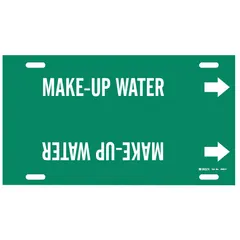 Green pipe marker with white legend reading 'Make Up Water' and directional arrows. Fits pipe outer diameters from 6 to 7-7/8 inches. Supplied as a single marker for identifying make-up water lines in piping systems.