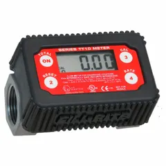 In-line digital turbine meter with 1-inch BSPP connection, acetal rotor, and digital display. Measures fuel flow in liters with +/-1% accuracy. Suitable for fuel dispensing, transfer, and monitoring applications requiring volumetric measurement.