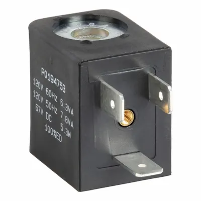 Parker Solenoid Coil: 120V AC, 14°F to 120°F, Plug-In, DIN 43650 Form B, IP65 - Parker Solenoid-Operated Inline Air Control Valve Solenoids