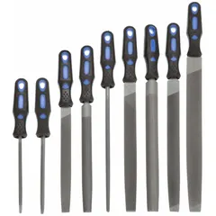 This 9-piece file set features bastard cut files suitable for metalworking, deburring, and shaping tasks. Includes a 6 in extra slim taper file and a handle, supplied in a pouch for organized storage.