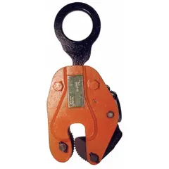 Steel plate-lifting clamp with load ring attachment. Rated for vertical and horizontal lifting with a working load limit of 1,000 lb. Used in industrial settings for handling steel plates during fabrication, construction, and metalworking operations.