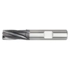 Carbide corner-chamfer roughing end mill with AlTiN coating and fine pitch. 5 flutes, 1" mill diameter, 1-1/2" length of cut. Designed for high material removal in steel and cast iron roughing operations.