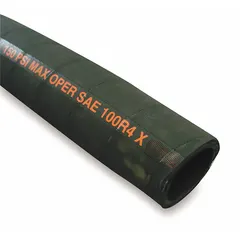 This bulk hydraulic hose features single fiber-braid reinforcement and meets SAE 100R4 standards. With a 1 1/4 in inside diameter and 1 53/64 in outside diameter, it is suitable for low-pressure return lines and suction applications in industrial hydraulic systems. The hose operates from -40° to 275°F and comes in a 50 ft length with a black cover.
