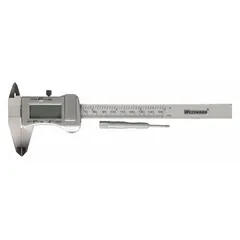 This digital caliper measures outside dimensions from 0 in to 6 in (0 mm to 150 mm) with an accuracy of ±0.03 mm and resolution of 0.0005 in / 0.01 mm. The upper scale displays fractional increments of 0.1 in. It is used for precise measurement of parts and materials in machining, fabrication, and quality inspection.
