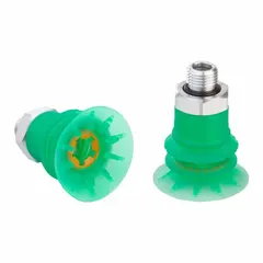 This bellows type vacuum pad assembly is designed for low-fill food-safe applications. It features 2.5 folds, a G1/4 in vacuum port, and a 42 mm pad diameter in green. Suitable for handling delicate or irregularly shaped items in packaging and food processing.