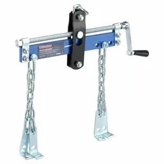 This steel-framed load leveling sling is rated for 0.75 ton capacity. It is used to lift and balance engines during installation or removal in automotive and industrial maintenance settings.