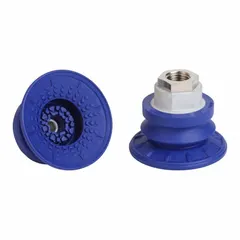 Bellows type vacuum pad assembly with 1.5 folds, G1/4 in connection, and 56 mm pad diameter. Constructed of NBR material in blue with 60 A durometer, SAB style. Suitable for automated handling of curved or delicate parts in industrial applications.