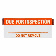 Orange/white rectangular matte vinyl cloth label for indoor use. Measures 1 1/2 in wide by 5/8 in high. Pack of 25. Used to mark equipment requiring periodic safety checks.