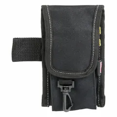This polyester tool holster is designed to carry a flashlight securely on a belt. It features a belt slot that fits belts up to 2 3/4 inches wide, a hook-and-loop closure, and one pocket. The black holster provides convenient, hands-free access to a flashlight for tasks such as maintenance or inspection.