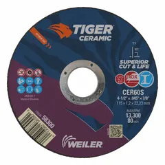 Type 1 cut-off wheel with ceramic grain for cool-cutting carbon and stainless steel. Dimensions: 4-1/2" diameter, 0.045" thickness, 7/8" arbor hole. 60 grit. Suitable for fabrication and metalworking applications requiring efficient cutting with reduced heat buildup.