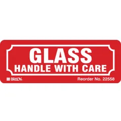 Red FRAGILE handling label with 'Glass' message, measuring 3 in x 3 in. Supplied in a roll of 500 labels. Used to mark packages containing glass items, alerting handlers to fragile contents during shipping and storage.