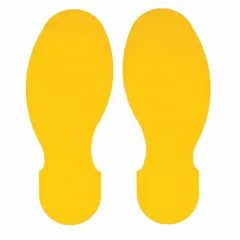 Solid yellow footprint-shaped floor marking tape with no legend. Each piece measures 3-1/2 in x 10 in with 8 mil polyester backing. Supplied as a 10-pack. Used to indicate standing positions or designate areas in industrial facilities.