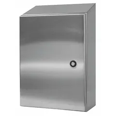 This WIEGMANN enclosure is constructed from 304 stainless steel with a sloped top, measuring 36 x 30 x 16 inches. It features a 1/4-turn latch closure and is rated NEMA 12/13/3R/4/4X for protection against dust, water, and corrosion. Knockouts are not included. Typical applications include housing electrical controls, instruments, and terminals in indoor or outdoor environments requiring washdown or corrosion resistance.