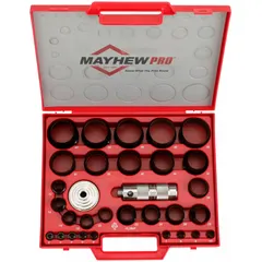 This 31-piece gasket punch set includes hollow punches in sizes 1 in, 5/8 in, 2 1/4 in, 1 3/8 in, 1 7/8 in, 2 1/8 in, and 2 3/8 in, each with an overall length of 46 mm. Supplied in a vinyl case, it is used for creating clean holes in gasket materials for sealing applications.