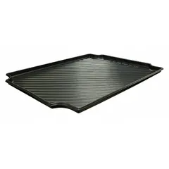 Spill tray designed for use with high-durability stationary plastic shelving. Constructed from black/black High Density Polyethylene. Captures drips and leaks from stored containers to protect work surfaces and floors in industrial, warehouse, and laboratory environments.