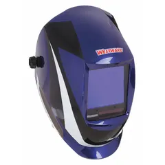 Auto-darkening welding helmet with nylon shell and black/blue/white graphics. Features 4 arc sensors, analog ADF controls, and a viewing area of 3.74 in x 3.34 in. Welding shade range W5-13 with grind mode. Ratchet suspension adjustment. Suitable for MIG, TIG, and stick welding applications.