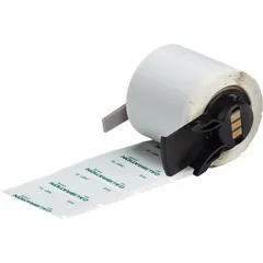 Precut polyester label roll measuring 3/4 in by 1 1/2 in, in gray/green. Halogen-free material suitable for applications requiring low smoke and toxicity. Compatible with BMP71 printer series when used with a media adapter. Used for industrial identification, cable marking, and asset tagging.