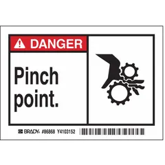 This 5-pack of adhesive-mounting signs warns of pinch-point hazards. Each sign is made of polyester, measures 3 1/2 in x 5 in nominal size, and is 0.01 in thick. The signs are not retroreflective and do not glow in the dark, suitable for indoor use on machinery or walls.