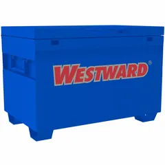 Chest-style jobsite box with 25 cu ft capacity, measuring 48 in W x 30 7/16 in D x 33 7/8 in H. Features a recessed padlock hasp (lock not included) and a blue finish. Suitable for securing tools and equipment on construction sites, in workshops, or industrial facilities.