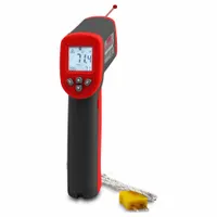 Handheld infrared thermometer with contact probe, measuring from -58°F to 1202°F with 0.1°F resolution and ±3.0% or 4.0°F accuracy. Features adjustable emissivity (0.05 to 1.00), NFC interface, high-temperature alert with light, and average testing function. Includes backlit LCD and NIST calibration certificate. CE certified