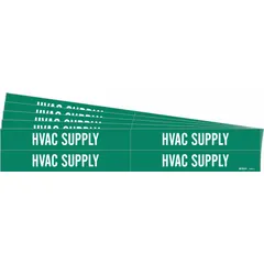Green adhesive pipe marker with white 'HVAC Supply' legend, designed to fit pipe outer diameters from 3/4 to 2-3/8 inches. Each pack contains 4 markers without directional arrows, supplied in a 5-pack quantity. Used to identify supply lines in heating, ventilation, and air conditioning systems for quick visual reference during maintenance or installation.