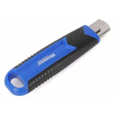 This automatic retracting utility knife features a rubberized grip and plastic body in black/blue. It has a 1-1/4 in overall width and a quick-change blade mechanism. Suitable for cutting cardboard, plastic strapping, and shrink wrap in packaging and warehouse operations.