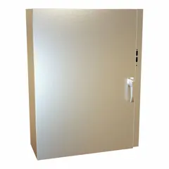 This 304 stainless steel enclosure measures 42 x 32 x 12 inches and is designed to house disconnect switches. It features a handle closure method and is suitable for industrial environments requiring protection against dust, water, and corrosion.