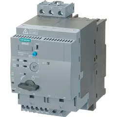 This reversing starter from Siemens provides forward and reverse control of three-phase motors. It features electronic overload protection rated at 0.4 A and operates on 110-240V AC/DC. The unit includes 3 poles and 2 normally open auxiliary contacts, with no pilot lights. Typical applications include conveyors, hoists, and pumps requiring motor reversal.