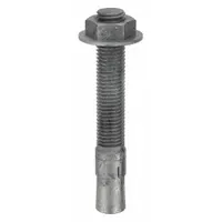 Galvanized steel wedge anchor with 3/4 in diameter, 5-1/2 in overall length, and 3/4".-10 thread size. Designed for heavy-duty fastening into solid concrete, such as securing structural steel, machinery bases, or racking systems. Corrosion-resistant finish suitable for indoor or outdoor use. Sold in a 5-pack