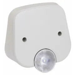 Plastic remote head for emergency lighting systems. Operates at 3.6V with one 1W LED lamp. White housing mounts on ceiling or wall. Adjustable head directs light as needed. Compatible with EU2L REM fixture.