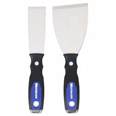 This scraper set features a full tang, straight stainless steel blade with a bevel/offset edge and a hammer end. The handle is constructed from polypropylene, steel, and TPR with a plastic finish. Designed for stiff scraping applications such as removing paint, adhesive, or old caulking from surfaces.
