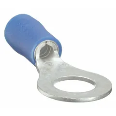 Blue vinyl-insulated ring terminal for #4 stud size, accepting 16 AWG to 14 AWG wire. Rated 600 V. Used for secure electrical connections in control panels, motor connections, and power distribution systems.