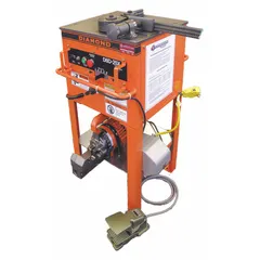 This stationary corded rebar cutter and bender handles #8 maximum cut size and #7 maximum bend size. It operates on 120V AC or 115V AC and weighs 250 lb. Used for on-site cutting and bending of rebar in concrete reinforcement and construction applications.