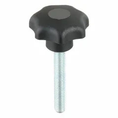 This 7-arm knob features a 40 mm diameter plastic body with a steel threaded stud. The M8 thread has a 50 mm length. The multi-arm design provides multiple grip points for manual adjustment and clamping on machinery, jigs, and fixtures.
